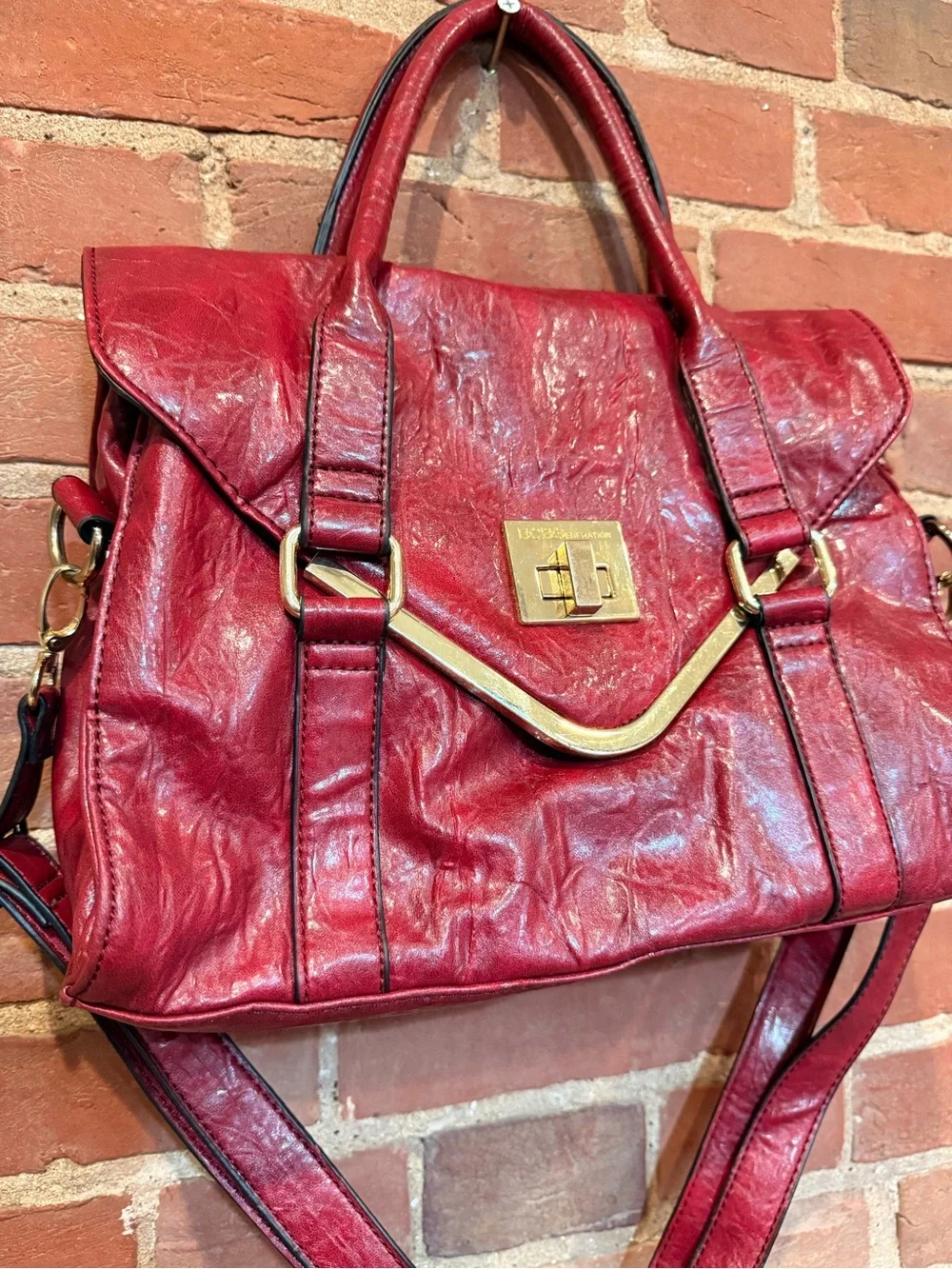Red Leather Top-Handle Satchel Handbag - BCBG